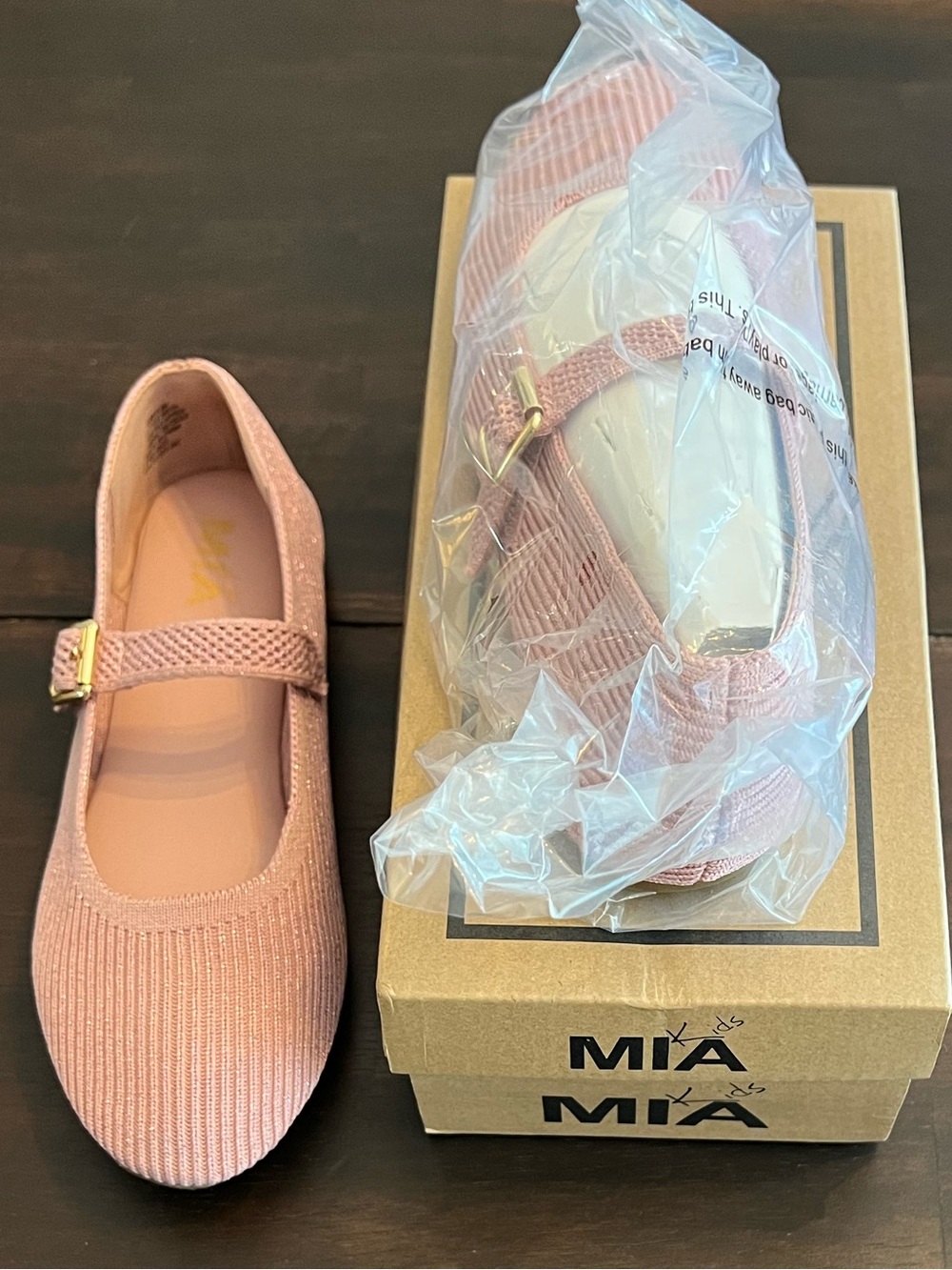 MIA Girls Pink Mary Jane Knit Flats with Gold Buckle